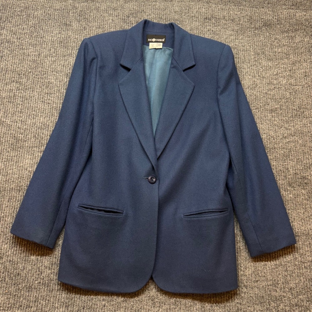 Vintage Sag Harbor Wool Blazer Womens 12 Blue Padded Shoulder 90s Jacket